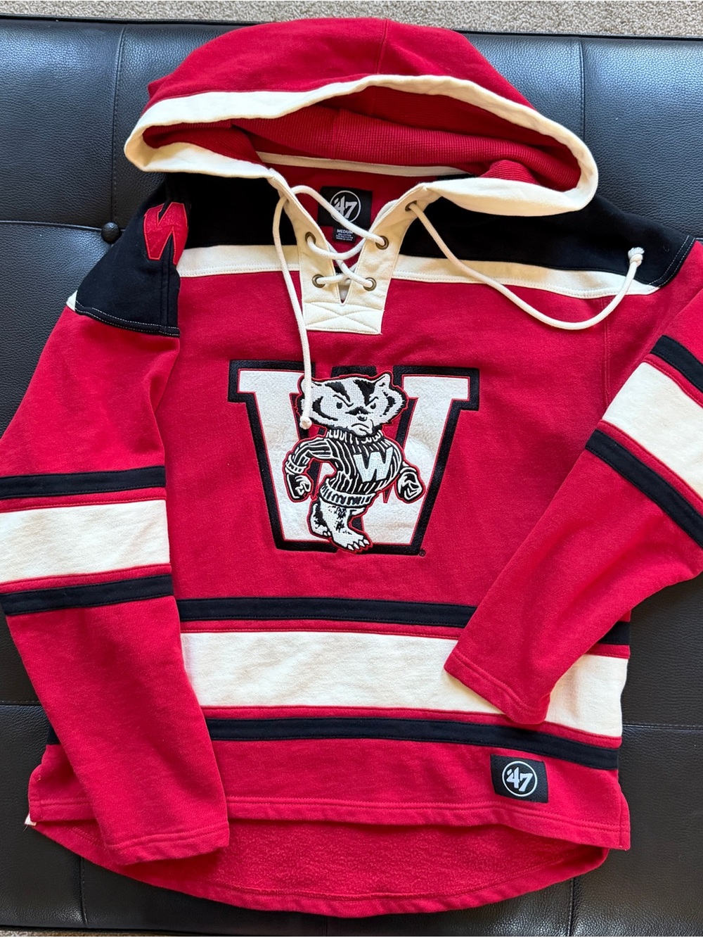 47 Brand Men's Red and Cream Hockey Hoodie with University of Wisconsin Mascot